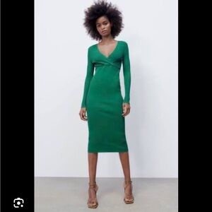 Zara Green Ribbed V Neck Dress